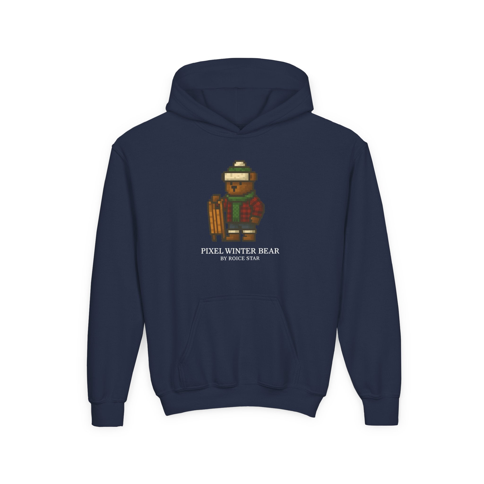 Pixel Winter Bear Youth Hoodie — Cute Retro Gamer Bear Graphic Sweatshirt